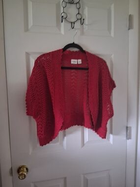 Cato Coral Red Open-Front Crochet Shrug Cardigan